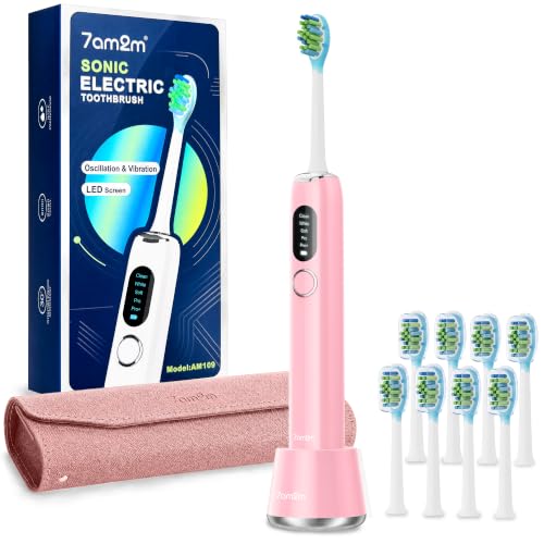 7AM2M Sonic Electric Toothbrush for Adults&Teens with LED Screen, 5 Modes, One Charge for 365 Days, 2 Minute Timer, with 8 Brush Heads and Travel Case (Pink) Pink
