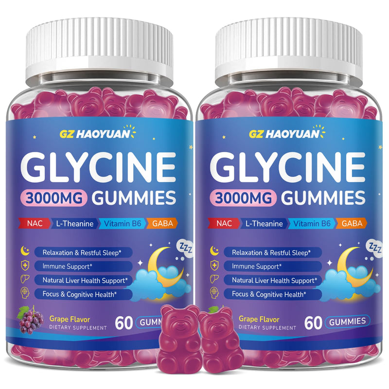 Glycine Gummies, Glycine 3g Supplements with NAC, L-Theanine, GABA, for Sleep, Relax, Nerve & Brain Support, Sugar Free, Vegan, GRAP Flavor, 120 Cts Grape 60 Count (Pack of 2)