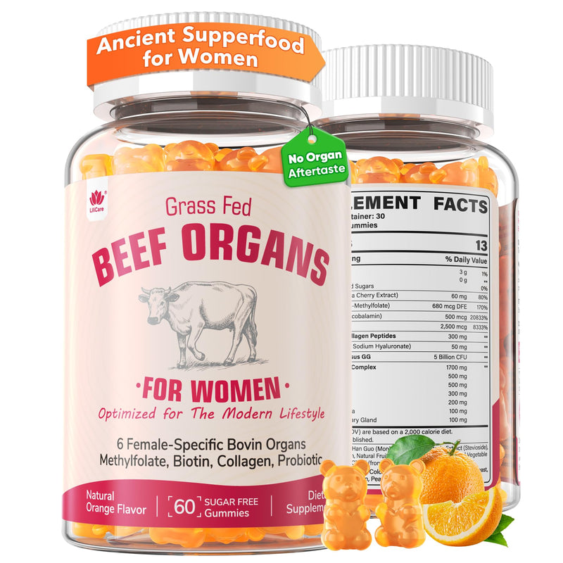 Beef Organ Supplement for Women Gummies, Ancestral Superfood Supplement, Grass-Fed Bovine Liver, Spleen, Ovary, Uterus, Placenta, Mammary Gland, Biotin for Beauty, Energy, Hormone, Sugar Free, 120 Cts 60 Count (Pack of 2)