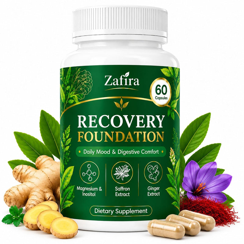Zafira Organics Saffron Supplements, Zafira Recovery Foundation Capsules for Daily Wellness Support & Digestive Comfort with Saffron Extract, Magnesium Bisglycinate, Ginger, Zinc, Vitamin D3 & B12 1 pcs