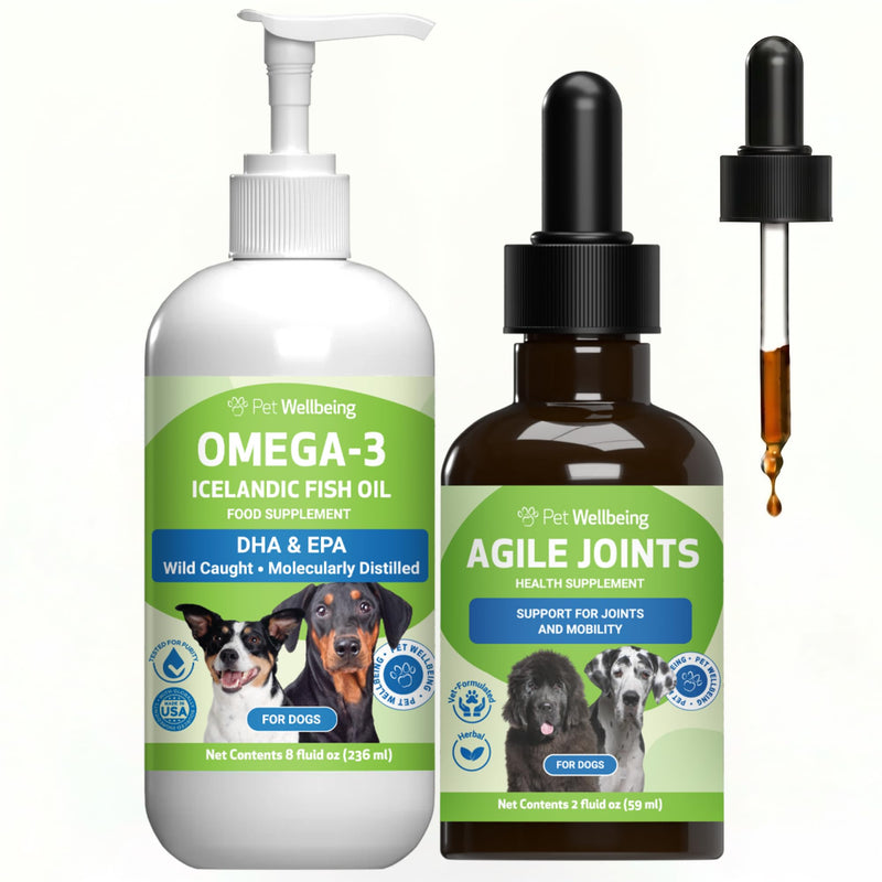 Pet Wellbeing Agile Joints & Omega-3 Icelandic Fish Oil for Dogs - NASC Certified & Vet-Formulated Herbal Joint Support & EPA/DHA Bundle, Herbal Liquid & Molecularly Distilled Fish Oil, 2 oz & 8 oz