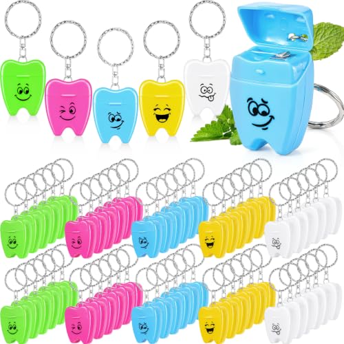 Landical 60 Pcs Mini Dental Floss Keychain Bulk Tooth Shaped Keychain