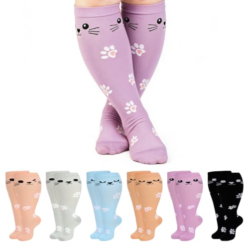 Jspupifip 6 Pairs Plus Size Compression Socks for Women, Wide Calf 4X-Large Black, Gray, Blue, Purple, Pink, Khaki