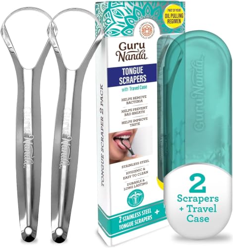 GuruNanda Stainless Steel Tongue Scraper (Pack of 12), Fight Bad Breath, Medical Grade 100% Stainless Steel Tongue Cleaner, Tongue Scraper for Adults and Kids, Great for Oral Care, Travel Friendly Spoon Shaped 1 Count (Pack of 12)