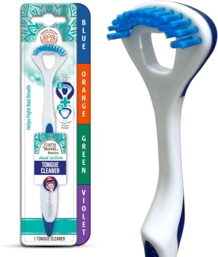 GuruNanda Dual Action Tongue Scraper (6 Pack), 2-in-1 Tongue Scraper & Soft Bristled Brush, Deep Cleans & Fights Bad Breath - Color Varies 1 Count (Pack of 6)