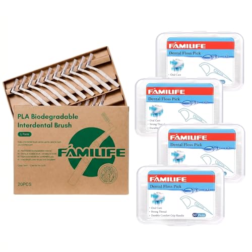 FAMILIFE 20Pcs L-Shaped Interdental Brushes 0.8mm Medium for Normal Gaps & Braces with Back Teeth Dental Floss Picks 4 Travel Handy Cases 120 Count