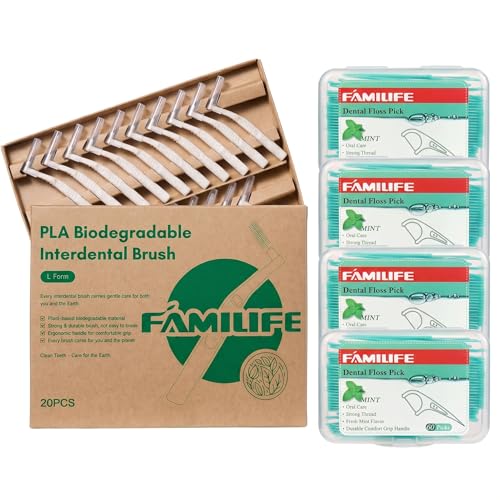 FAMILIFE 20Pcs L-Shaped Interdental Brushes 0.8mm Medium for Normal Gaps & Braces with Dental Floss Picks 4 Travel Handy Cases 240 Count