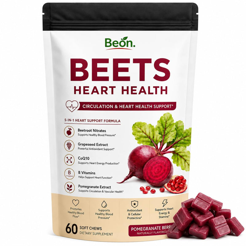 Beon Beet Chews, Beon Beetroot Chews Gummies for High Blood Pressure & Cardiovascular Support, Beet Root Gummies with L-CoQ10 & Grape Seed for Calm Mood, Sugar-Free Vegan, 60 Chew