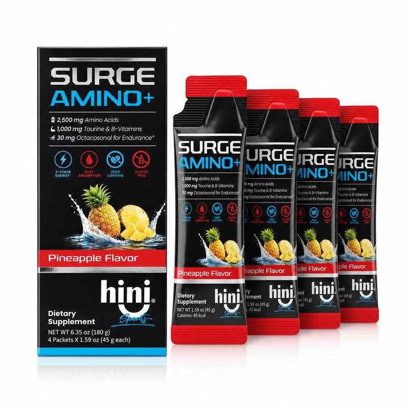 HINI Surge Amino+ Energy Gel, Pineapple Flavor, 4 Packets | 2,500 mg amino acid blend, 1,000 mg taurine, B vitamins and 30 mg octacosanol per packet.