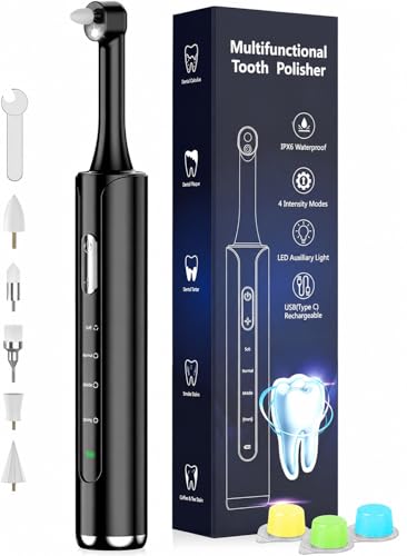 Tooth Polisher, Rechargeable Teeth Polisher with 5 Brush Heads, 4 Speed Modes, 3 Polish Pastes, LED Light, Tooth Whitening for Cleaning and Polishing, IPX6 Waterproof Teeth Cleaning Tools