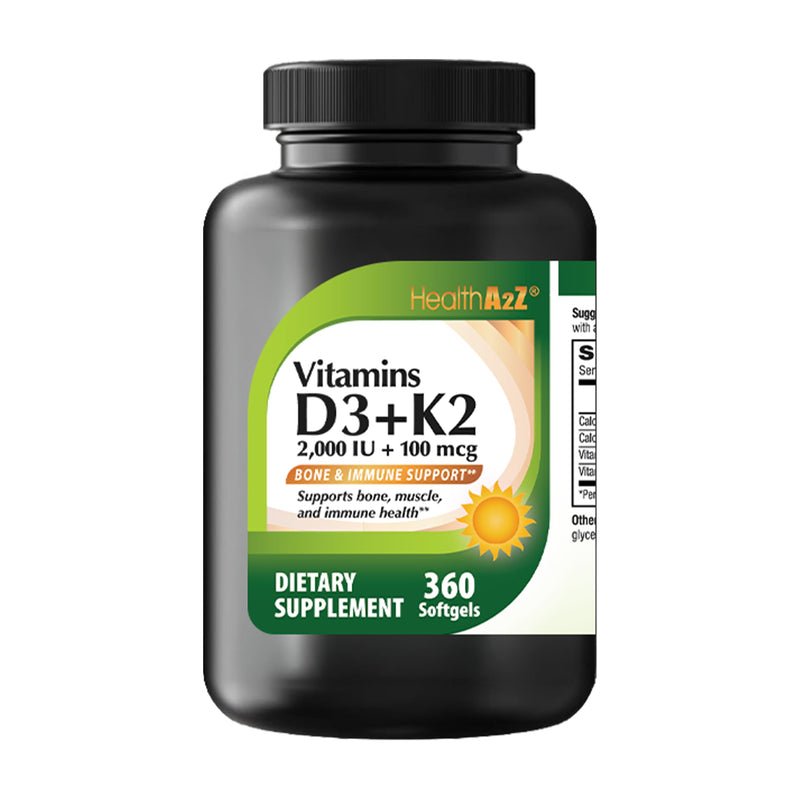 HealthA2Z® Vitamin D3 (2,000 IU) + K2 (100mcg) - 360 Softgels (Pack of 1) | Helps Calcium Absorption, Supports Bones & Teeth, Mood & Immune Health*