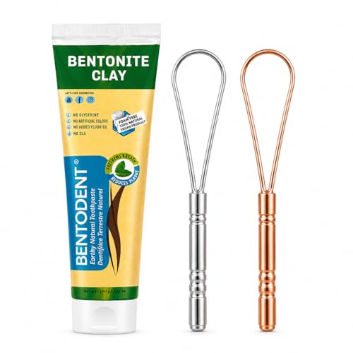 Bentodent Bentonite Clay Toothpaste + Stainless Steel Tongue Scrapers Bundle | Fresh Breath Oral Care Kit | Natural Foam-Free Toothpaste with Silver & Rose Gold Tongue Cleaners