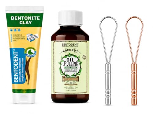 Bentodent Complete Oral Care Kit – Bentonite Clay Toothpaste, Coconut Oil Pulling Oral Rinse with Neem & Mint, 2 Stainless Steel Tongue Scrapers | Fresh Breath, Cleaner Tongue & Healthy Smile Bundle