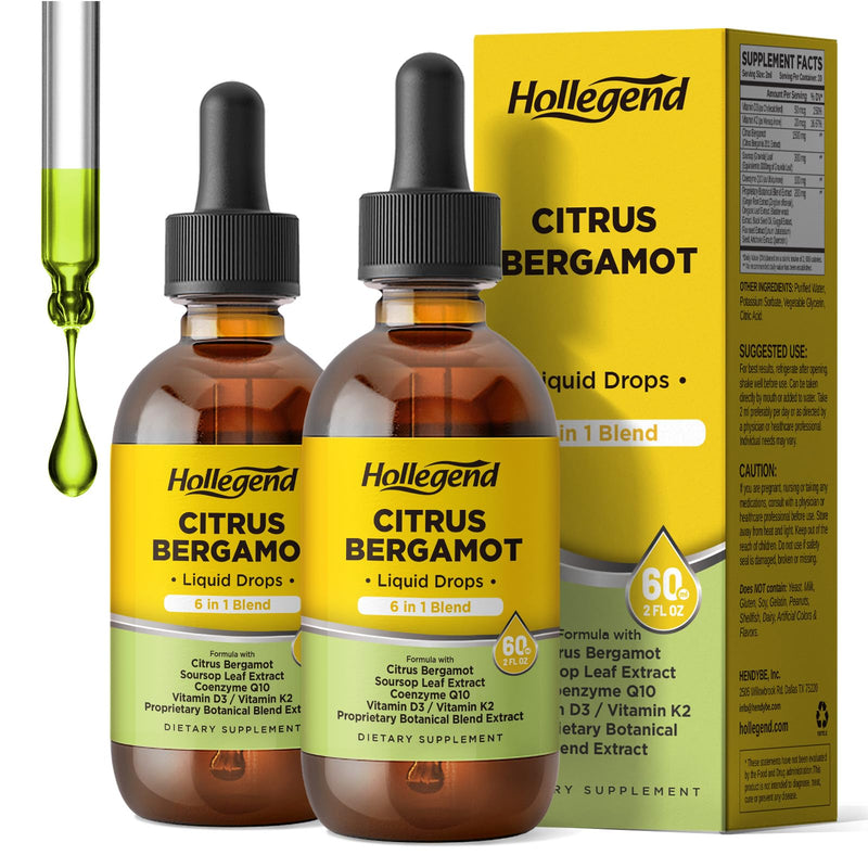Citrus Bergamot Liquid Drops, Bergamot Extract 1000mg Supplement | Plus CoQ10, Soursop, Vitamin D3, K2 & Herbal Blend, Overall Health Support, Vegan, Lemon Flavor, 4 Fl OZ