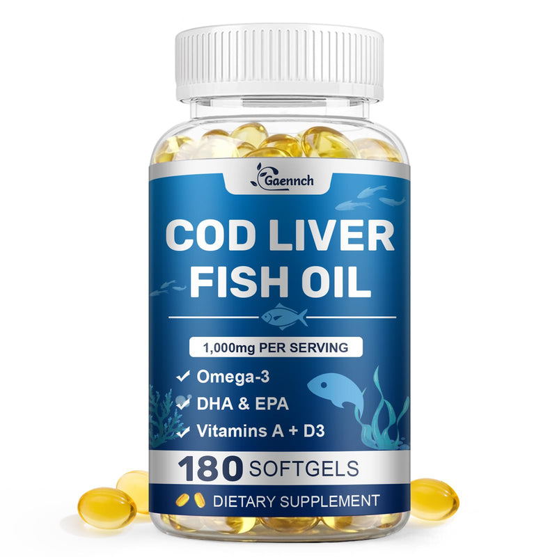Cod Liver Oil 180 Softgels, 1,000mg Per Serving Wild-Caught Icelandic Cod | Omega 3, Vitamins A & D3, EPA, DHA | Cod Liver Oil Supplement Non-GMO, Third-Party Tested for Heart, Brain & Immune Support 180 Count (Pack of 1)