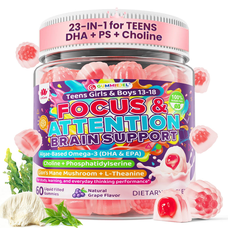 LILICARE Teen Brain Focus Vitamin Gummies with Omega-3,Lion's Mane Mushroom | 23-IN-1 Advanced Teens Brain Formula Helps Support Focus, Memory & Mental Performance for During School, Study & Exams 60 Count (Pack of 1) Teens Brain Gummies, 60 Count