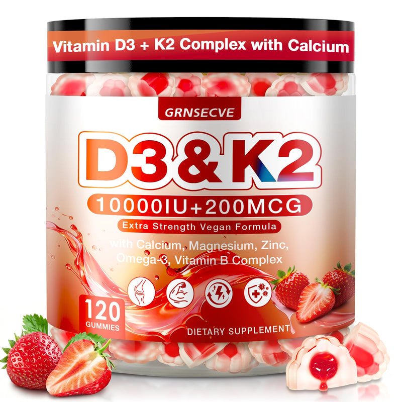 Vitamin D3 K2 Gummies - Vitamin D3 10000 IU & K2 (MK-7) 200 mcg - Vegan K2 D3 Vitamin Supplement w/Magnesium - Supports Bones, Muscle, Calcium Absorption, and Immune Health | 120 Count, Sugar Free