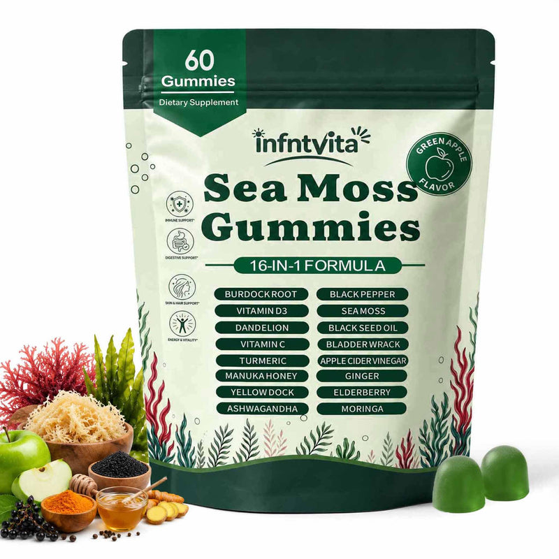 Sea Moss Gummies 16-in-1 with Ashwagandha, Black Seed Oil, Ginger, Turmeric, Manuka Honey, Black Pepper, Moringa, Elderberry–Daily Wellness & Immune Support–Apple Flavor, 60 Gummies