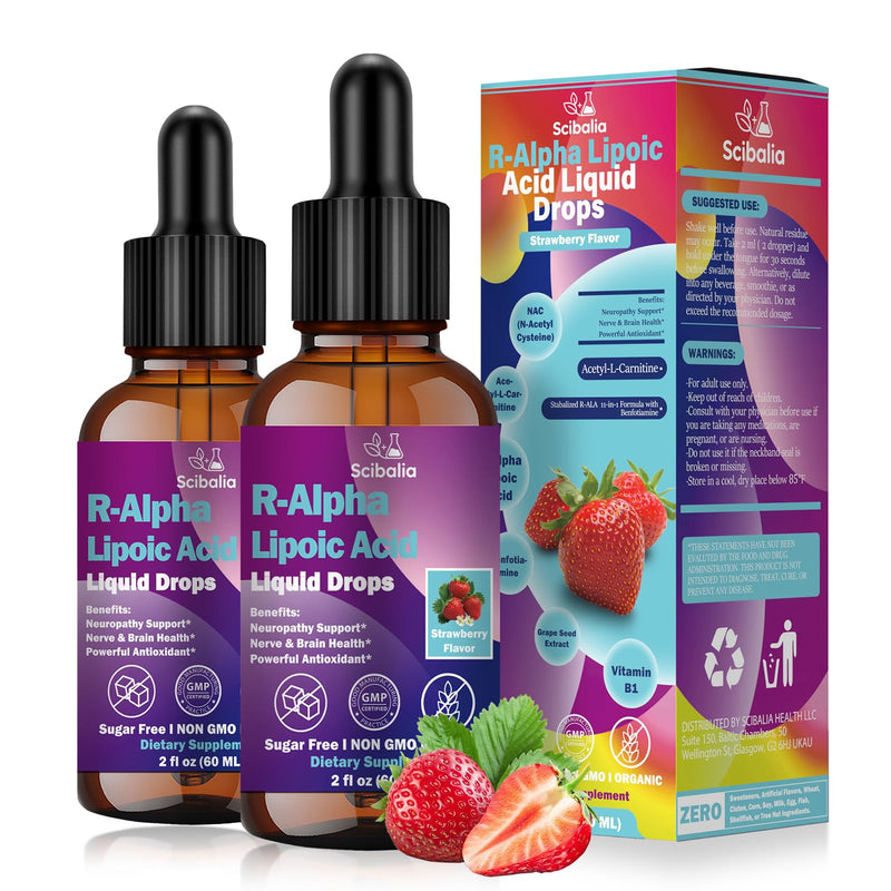 2 Pack R Alpha Lipoic Acid 600mg Liquid Drops for Neuropathy, Advanced 11-in-1 Stabilized R-ALA Supplement w. Benfotiamine Acetyl L-Carnitine Vitamin C E for Antioxidant Nerve Brain Energy Health Strawberry 2 Fl Oz (Pack of 2)