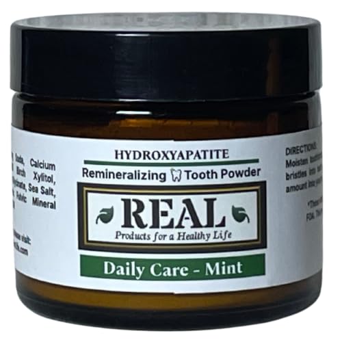 Real Products Hydroxyapatite Remineralizing Tooth Powder, Daily Care, Mint Flavor, with Xylitol, Sea Salt and Humic/Fulvic Minerals, 2 oz (Mint)