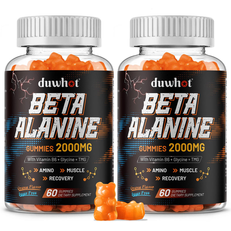 Beta Alanine Gummies 2000mg for Muscle Recovery, Sugar-Free, Vegan, 120 | 4-in-1 Amino Supplements with Glycine, TMG & Vitamin B6 for Adults, Orange Flavor, 60 Chews 60 Count (Pack of 2)