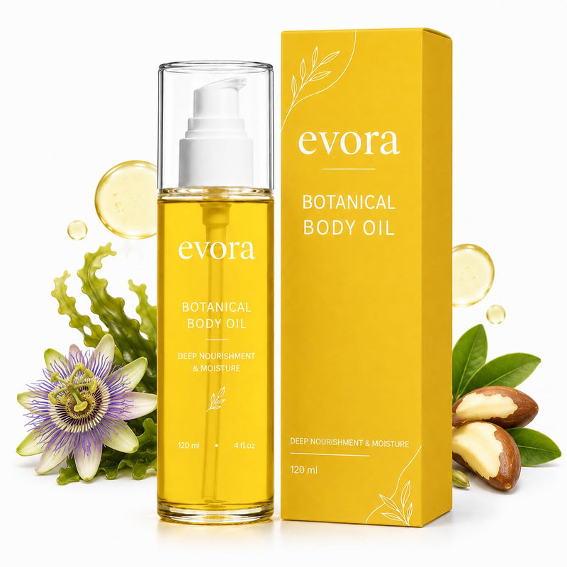 TRICK Evora Botanical Body Oil for Crepey Skin & Aging Skin, Firming Body Oil with Wakame Algae, Brazil Nut Oil & Vitamin E, Fast Absorbing Moisturizing Body Oil for Dry Skin, Non-Greasy, 4 Fl Oz