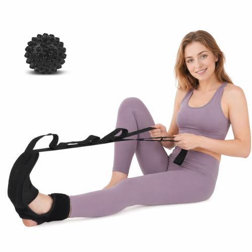 Plantar Fasciitis Night Splint Stretcher, Foot and Calf Streching Strap for Heel Spurs, Foot Drop, Achilles Tendonitis & Hamstring, Yoga Foot & Leg Stretch Strap with Black Massage Ball