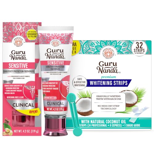 GuruNanda Bright Smile Sensitivity Care Bundle – Sensitive Toothpaste with Potassium Nitrate & 16-Day Whitening Strips for Gentle Whitening & Everyday Oral Comfort