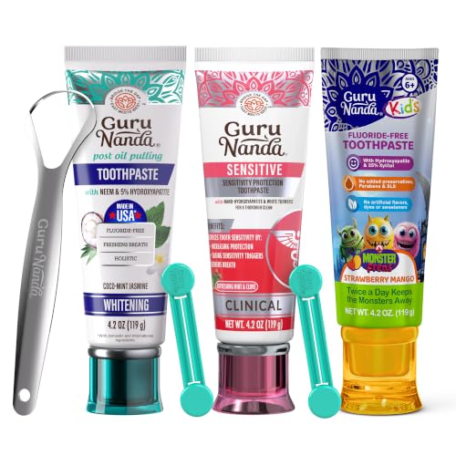 GuruNanda Family Toothpaste Bundle – Whitening, Sensitive & Kids Toothpastes with Hydroxyapatite, Xylitol for Fresh Breath, Brighter & Smiles at Every Age, 4.2 oz Each