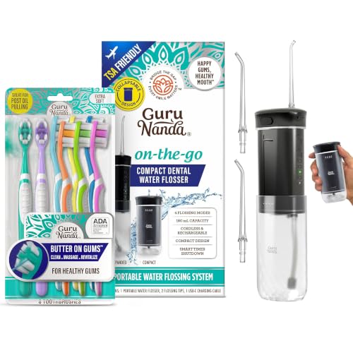 GuruNanda Travel Oral Care Bundle – Butter on Gums Softex Bristle Toothbrush 8pk & Mini Travel Water Flosser for Cleaner Teeth, Healthier Gums & Fresh Breath Anywhere