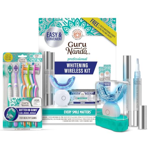 GuruNanda Professional Whitening Bundle – Butter on Gums Softex Bristle Toothbrush 8pk & LED Whitening Kit with Gel Pen for a Brighter Smile & Happier Gums