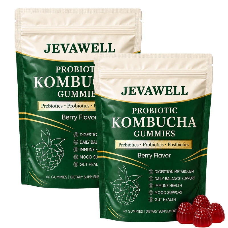 Jevawell Kombucha Gummies, Probiotic Digestive Health Supplement with, Organic Prebiotics for Gut Health, Immune Boost, and Natural Energy – Vegan, Non-GMO, Gluten-Free, 120 Gummies 1 Ounce (Pack of 2)