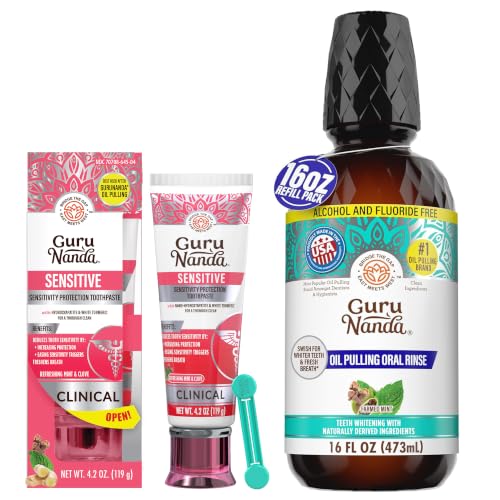 GuruNanda Sensitive Care & Oral Freshness Bundle – Sensitive Toothpaste (Potassium Nitrate + Nano-Hydroxyapatite) & CocoMint Oil Pulling Mouthwash 16oz for Fresh Breath & Gum Care