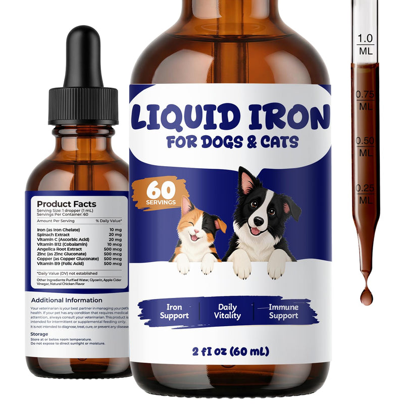 Liquid Iron Supplement for Dogs & Cats, Blood Health & Vitamin B12 Drops | With Vitamin C, Folate, Zinc & Copper to Support Red Blood Cell Formation, Daily Energy & Vitality, 2 fl oz (60 mL)