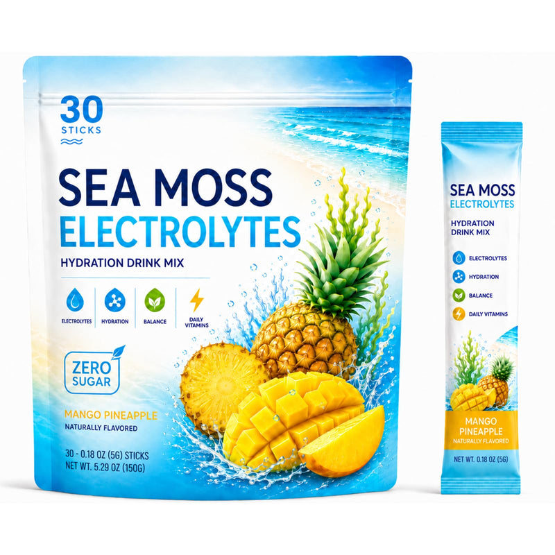Sea Moss Electrolytes Packets, Hydration Powder with Sea Moss & Potassium, Sugar Free Electrolyte Drink Mix for Fast Hydration & Daily Electrolyte Support, 30 Stick Packs