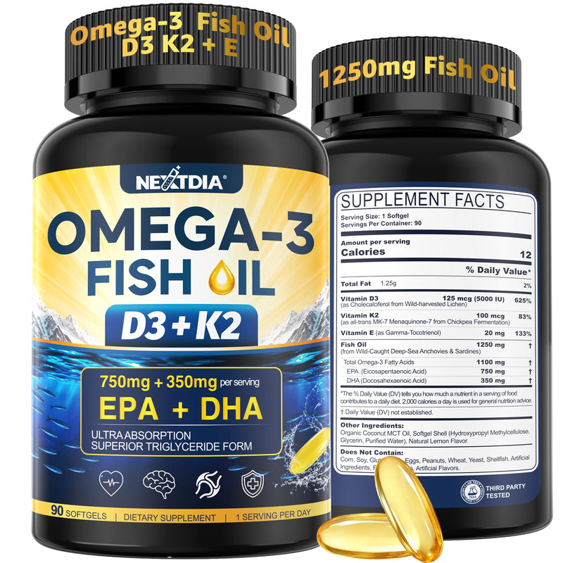 Omega-3 Fish Oil Supplement 1250mg, Vitamin D3 5000IU, K2 E, 3-Month Supply | Burpless Triple Strength 1100mg Omega 3 Fatty Acids(750mg EPA + 350mg DHA) for Women & Men, Wild-Caught Fish Oil, 90 Softgels