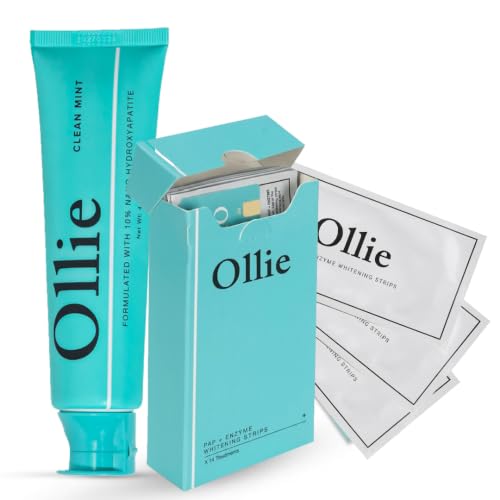 Ollie Clean Mint Toothpaste with 10% Nano Hydroxyapatite & Enzy-Strips Peroxide-Free Teeth Whitening Strips for Sensitive Teeth – Enamel Repair, Remineralization & Whitening Bundle