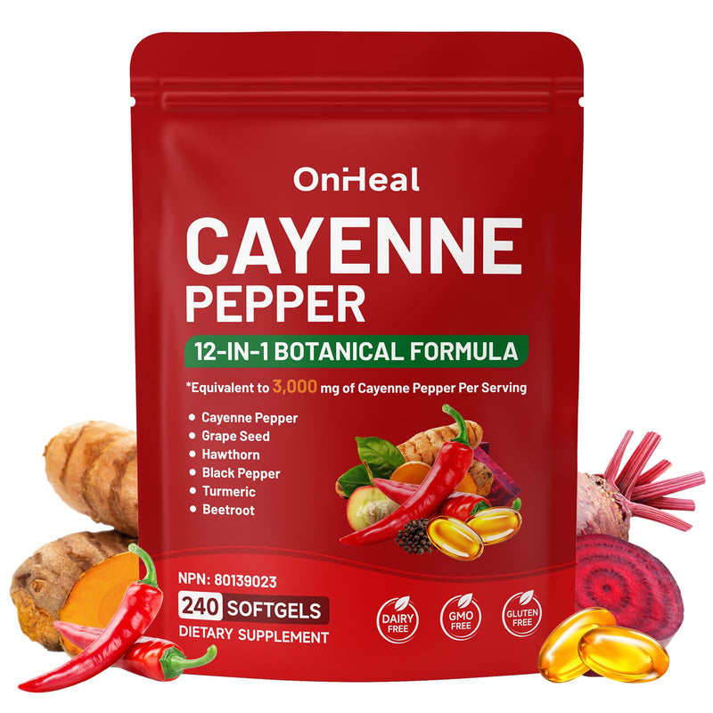 Capsicum Softgel Supplement, 12-in-1 Herbal Formula with Vitamin E, D3+K2, Grape Seed, Hawthorn, Beetroot, and Berberine, 300 Softgels