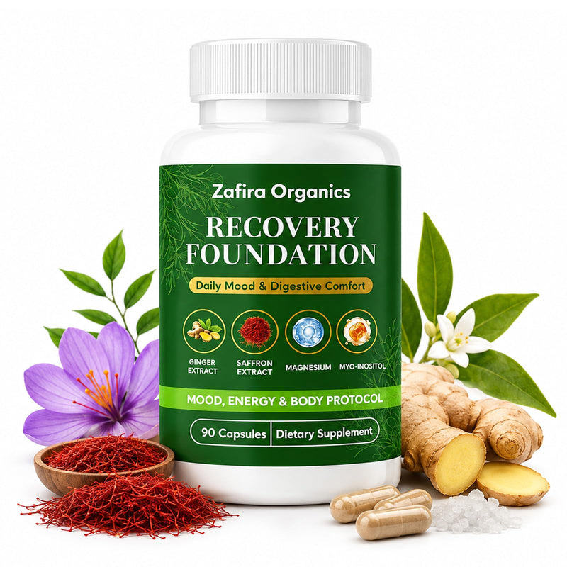 Zafira Organics,Zafira Recovery Foundation,90 Capsules (1pcs) | with Saffron Extract,Ginger Extract L-Theanine Myo-Inositol,Daily Energy & Focus,Digestive Comfort 1pcs