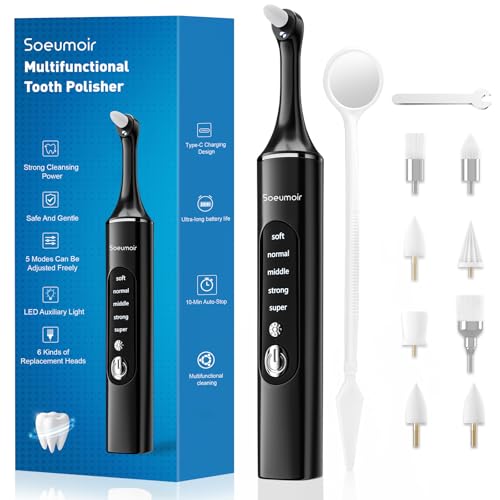 Tooth Polisher,Rechargeable Tooth Whitening Kit for Teeth Cleaning and Whitening, with 8 Brush Heads, LED Light, 5 Speed Modes Dental Polisher Personal Dental Care Kit for Home Use and Travel Black