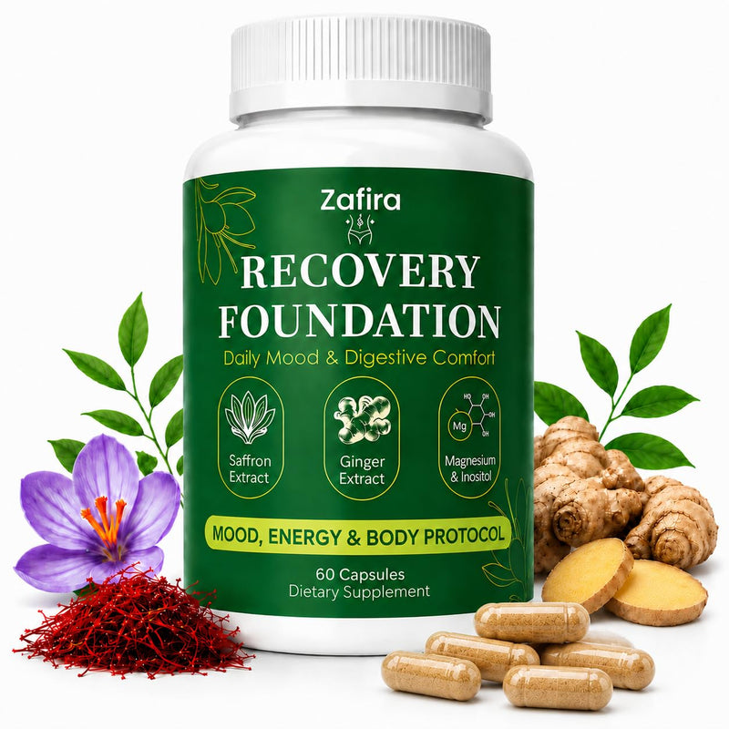 Zafira Organics Recovery Foundation Capsules, Saffron Extract Supplement with L-Theanine, Myo-Inositol, Magnesium Bisglycinate & Ginger for Mood, Focus & Daily Wellness Support, 60 Capsules