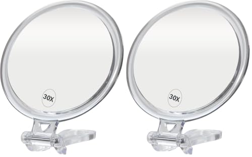 ForPro Professional Collection Expert 30X Magnifying Handheld Mirror, Double-Sided Hand Mirror with Folding Adjustable Handle for Makeup, Travel, Clear (Pack of 2) Clear/30X Magnification (Pack of 2)