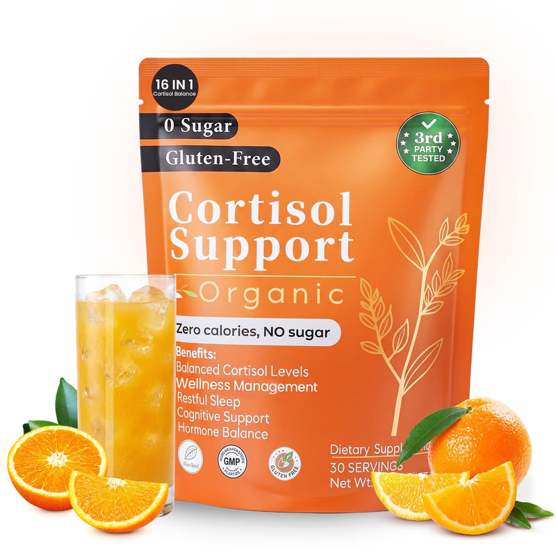 Cortisol Reducer Drink Mix Powder, Refreshing Orange Supplement with Ashwagandha, Magnesium Glycinate & L-Theanine for Calm, Focus Stress Response Support Bulk Resealable Bag with Scoop (60 Servings)