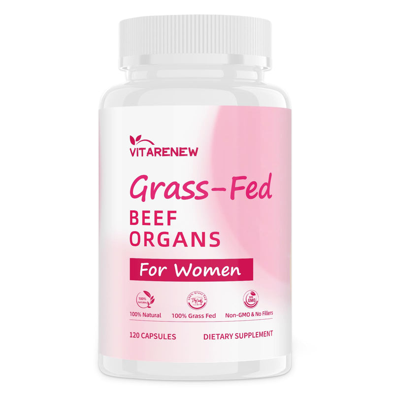 Beef Organ Supplement for Women - Grass-Fed Beef Liver, Uterus, Kidney, Heart & Pancreas with 5 Vitamins & 2 Herbs - Supports Hormone Balance, Energy & Immune - Pasture Raised - 120 Capsules