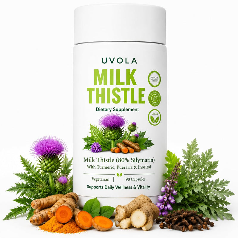 Uvola Milk Thistle Supplement, 80% Silymarin Liver Support Formula, Inositol, Vitamin C, Turmeric, Wormwood, Clove, Dandelion, 8-Ingredient Blend, Gut Health,90 Capsules