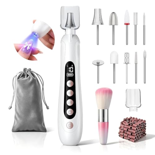Electric Nail File, Cordless Toe Nail Grinder for Thick Toenails & Callus, Rechargeable Nail Drill for Manicure and Pedicure with LCD & Lamp, Gifts for Women Men Seniors White