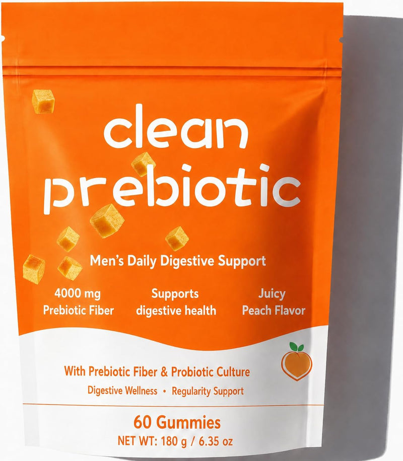 Clean Prebiotic Fiber Gummies for Men | Peach Flavored , Digestive Wellness , 60 Count