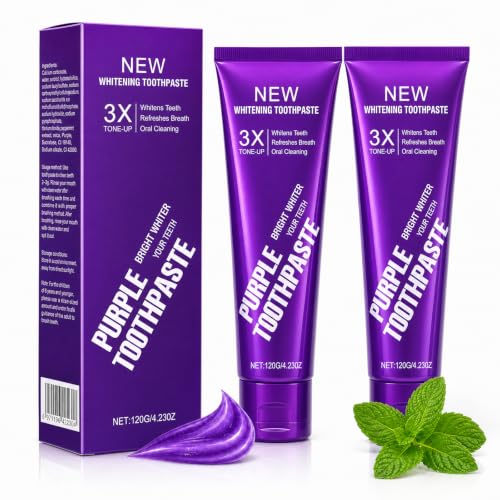 Teeth Whitening Purple Toothpaste, 3X Whitening Formula for Bright Smile,Enamel Safe, Sensitive Teeth Friendly, Fluoride Toothpaste with Fresh Breath for Coffee Tea Stains. (Pack of 2pcs) 2.12 Fl Oz (Pack of 2)