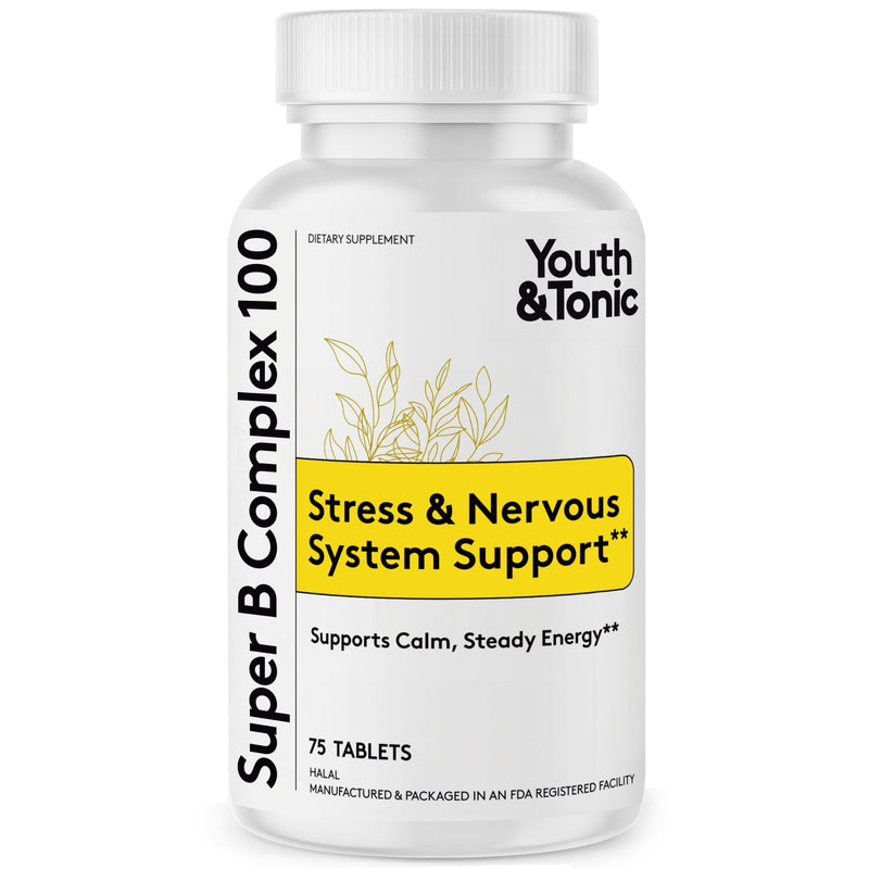 Youth & Tonic Super B Complex 100, Stress B Complex, PABA B-100 Vitamins | Calm & Steady Energy, High Potency Vitamin B Complex (Complejo B) with Choline Inositol, Men & Women, 75 Tablets 75 Count (Pack of 1)