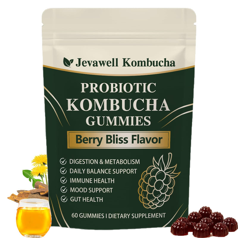 1PCSJevawell Kombucha Gummies,Enhance Immunity,60 Gummies | Jevawell Probiotic Kombucha Gummies - Prebiotics,Probiotics,Postbiotics,Slippery Elm Bark,Mct Oil for Daily Gut and Digestive 1